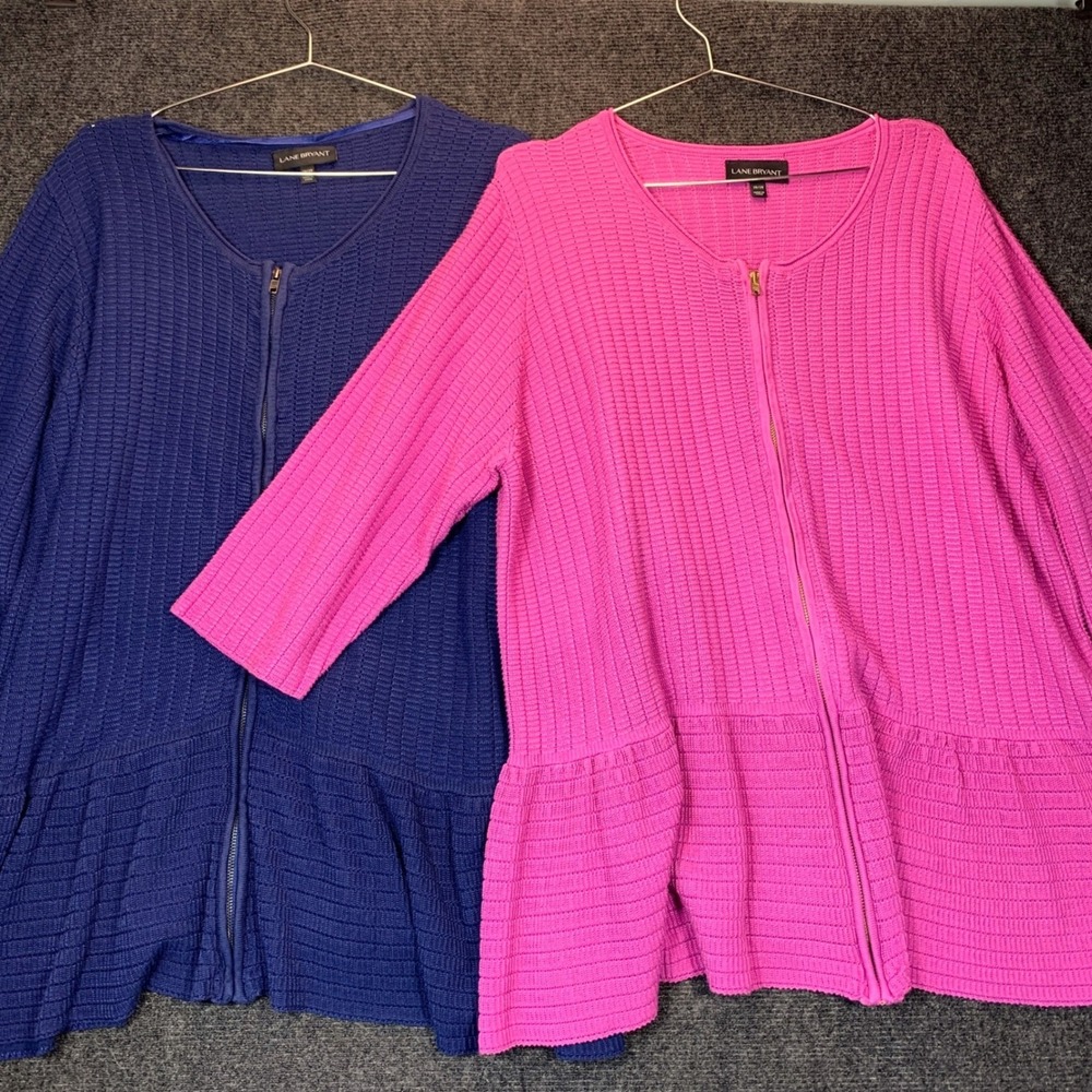 Lane Bryant Peplum Full Zip Cardigan 26/28 Pink Blue (2) Fit Flare Knit Sweater